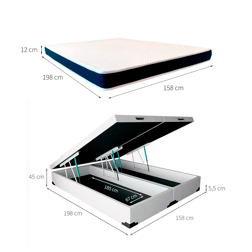 Cama Box Queen Martin Premium Revestimento Sintético Branco com Colchão Guldi Espuma D28 Duplo 12cm (12x158x198) Azul e Branco