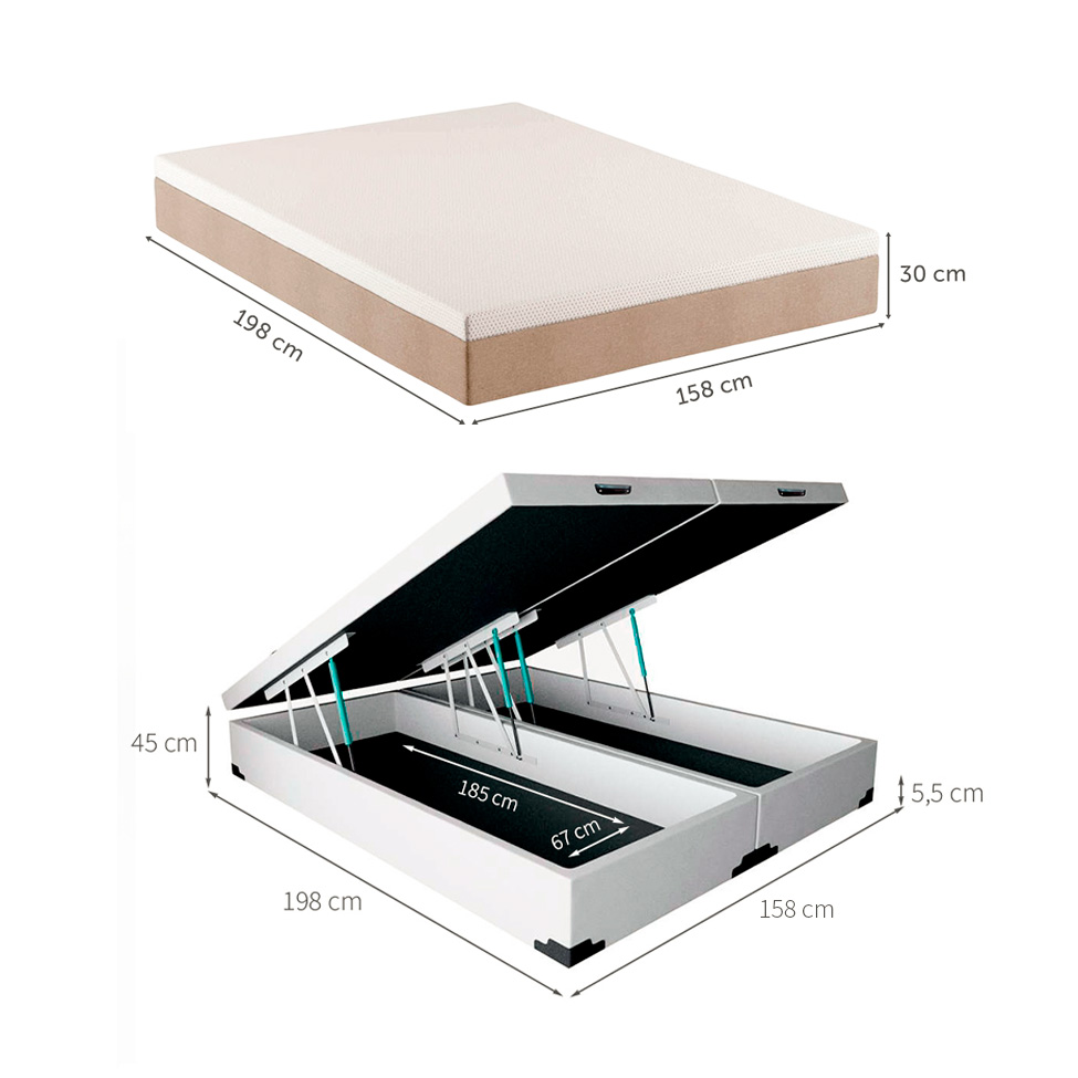 Cama Box Queen Martin Premium Revestimento Sintético Branco com Colchão Guldi Massageador Quântico Molas Ensacadas (30x158x198) Branco e Bege