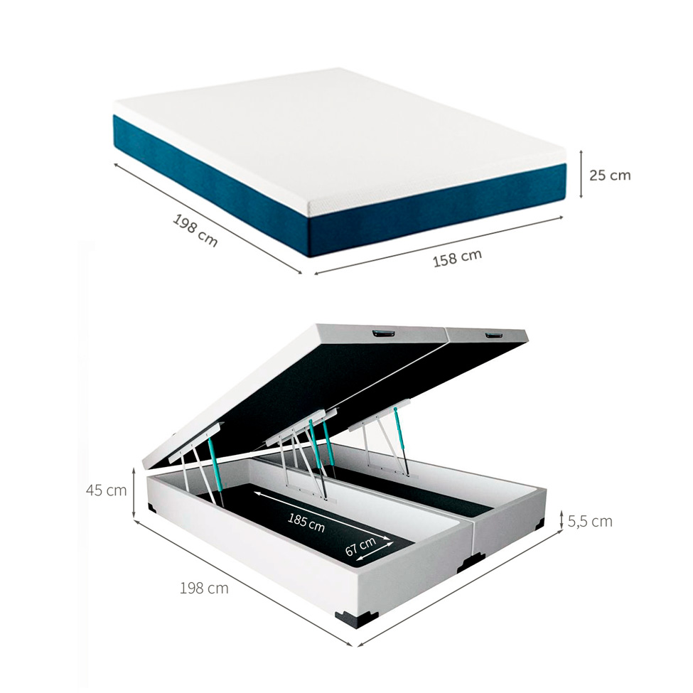 Cama Box Queen Martin Premium Revestimento Sintético Branco com Colchão Guldi Mola Ensacada Original Firme (25x158x198) Azul e Branco
