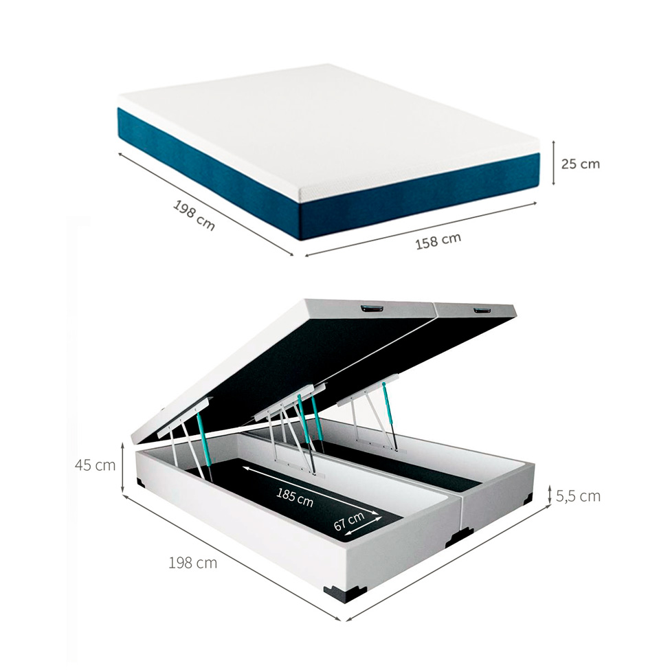 Cama Box Queen Martin Premium Revestimento Sintético Branco com Colchão Guldi Mola Ensacada Original Macio (25x158x198) Azul e Branco