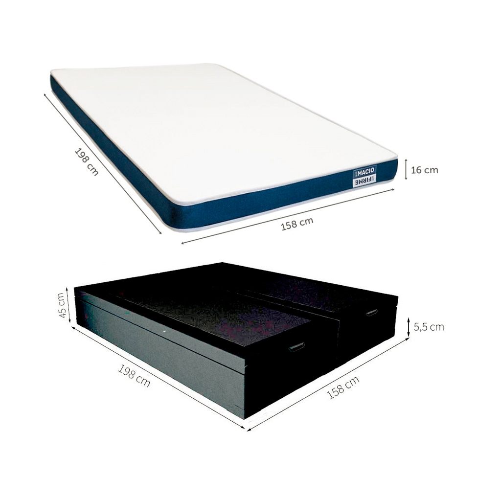 Cama Box Queen Martin Premium Revestimento Sintético Preto com Colchão Guldi Duplo Plus D28 (16x158x198) Branco e Azul