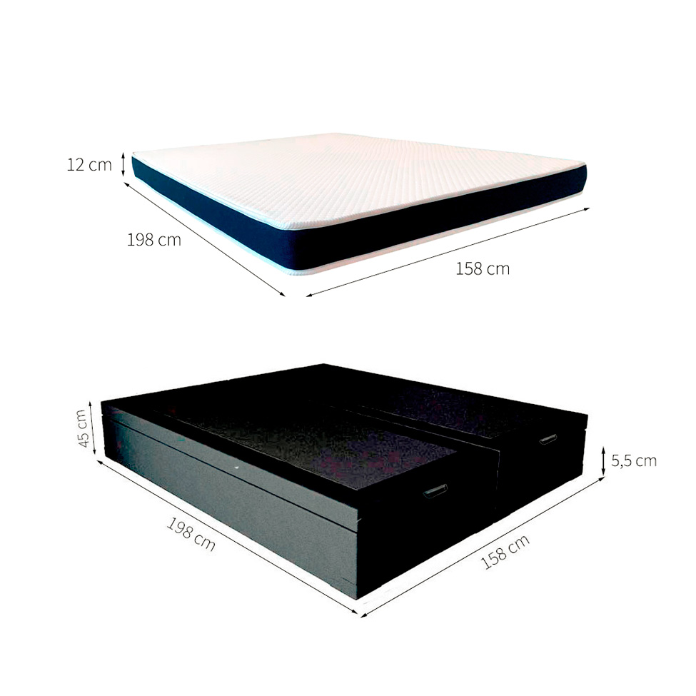 Cama Box Queen Martin Premium Revestimento Sintético Preto com Colchão Guldi Espuma D28 Duplo 12cm (12x158x198) Azul e Branco