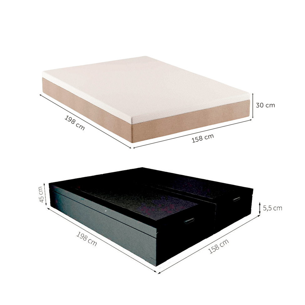 Cama Box Queen Martin Premium Revestimento Sintético Preto com Colchão Guldi Massageador Quântico Molas Ensacadas (30x158x198) Branco e Bege