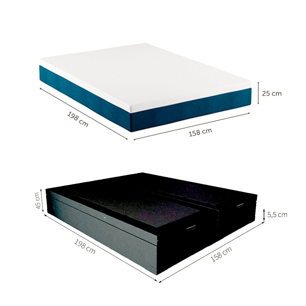 Cama Box Queen Martin Premium Revestimento Sintético Preto com Colchão Guldi Mola Ensacada Original Firme (25x158x198) Azul e Branco