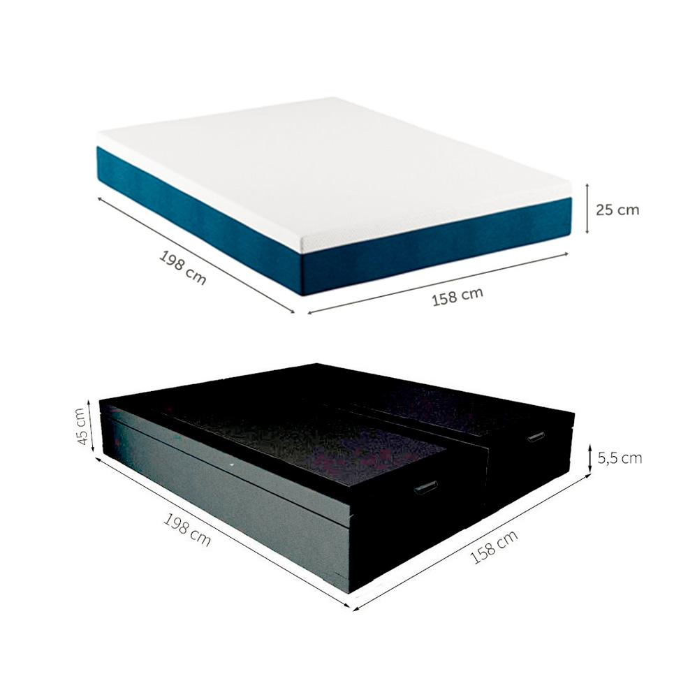 Cama Box Queen Martin Premium Revestimento Sintético Preto com Colchão Guldi Mola Ensacada Original Macio (25x158x198) Azul e Branco