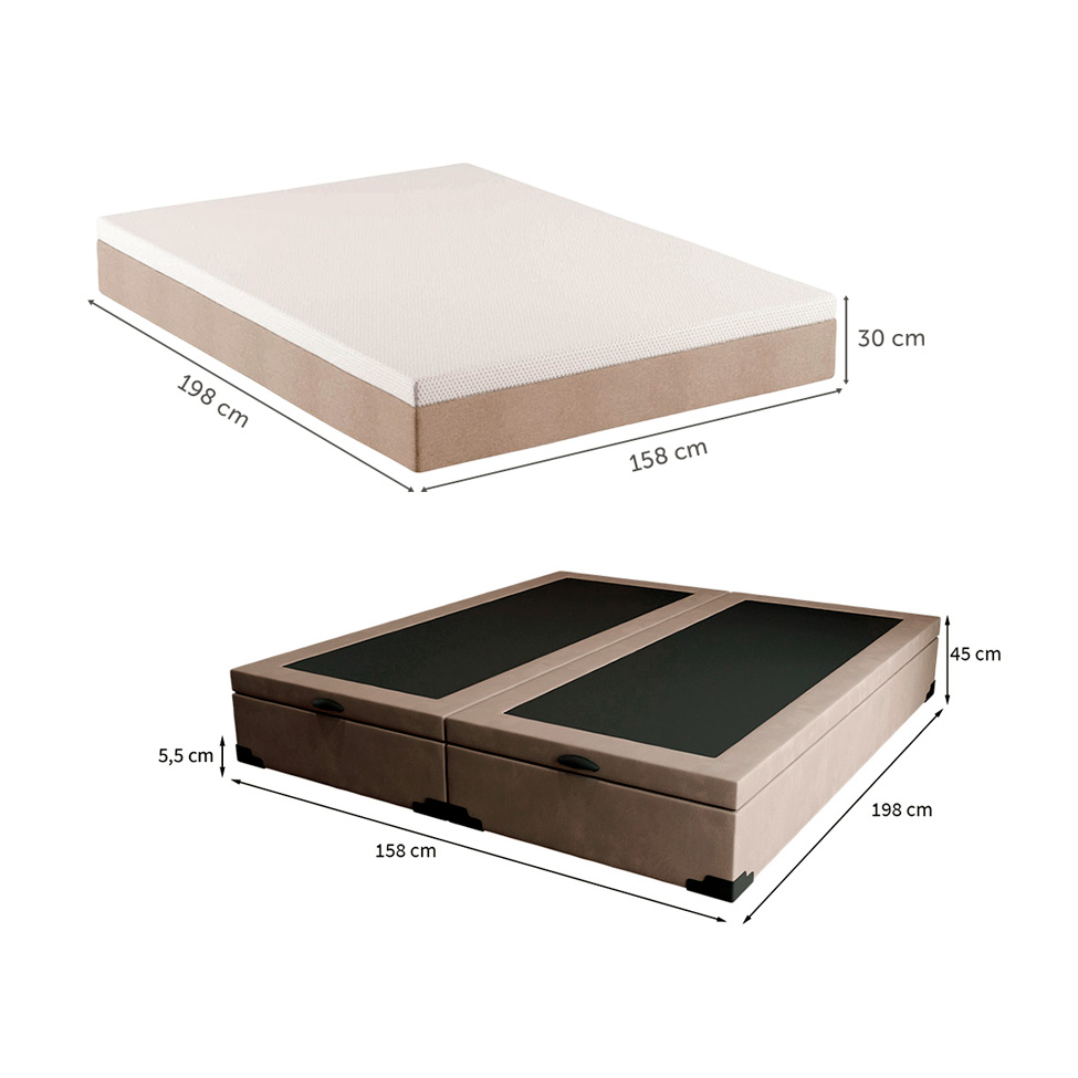 Cama Box Queen Martin Premium Suede Bege com Colchão Guldi Massageador Quântico Molas Ensacadas (30x158x198) Branco e Bege