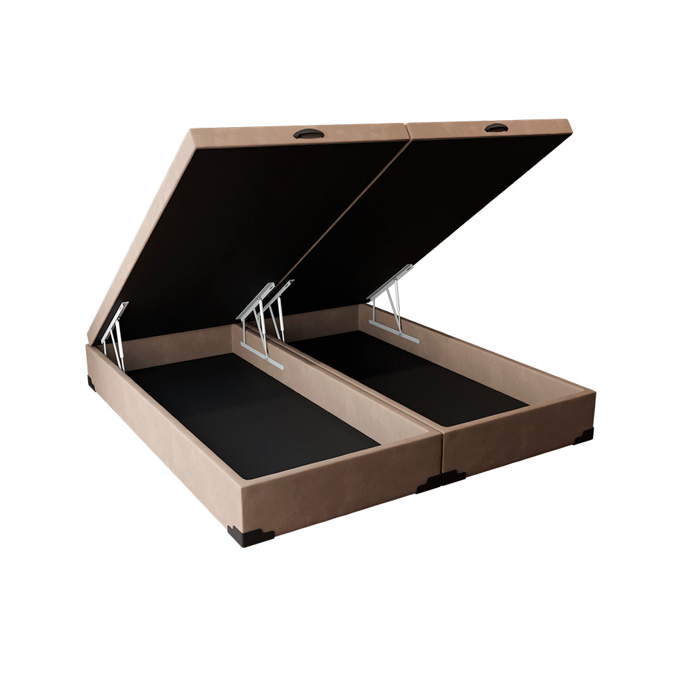 Cama Box Queen Martin Premium Suede Bege com Colchão Guldi Massageador Quântico Molas Ensacadas (30x158x198) Branco e Bege