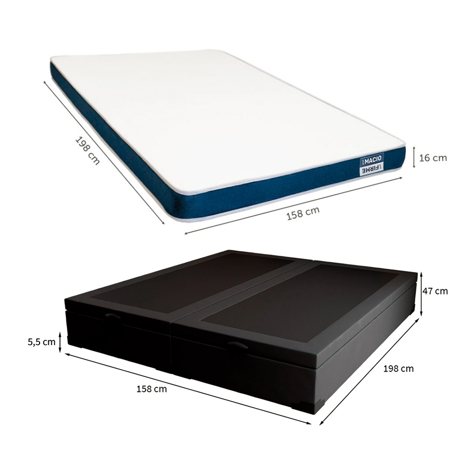 Cama Box Queen Martin Premium Suede Preto com Colchão Guldi Duplo Plus D28 (16x158x198) Branco e Azul