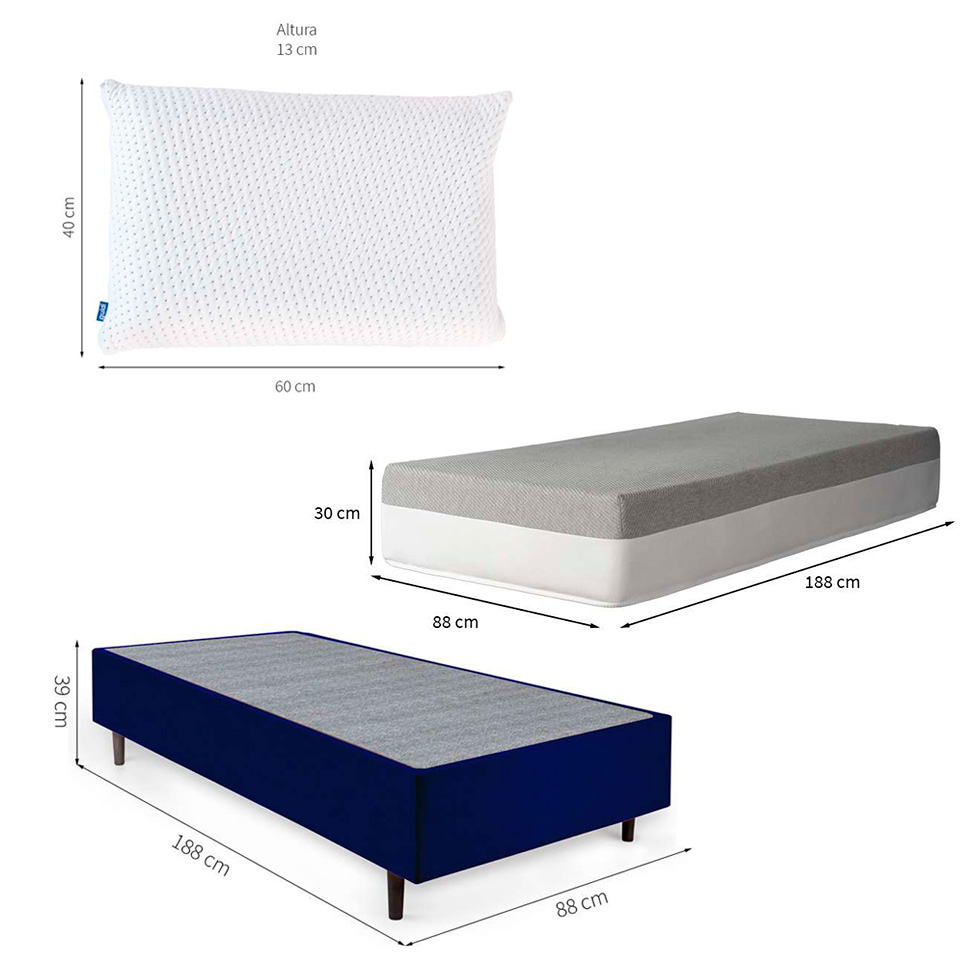 Cama Box Solteiro Azul com Colchão Guldi Dream Mola Ensacada (30x88x188) e 1 Travesseiro Guldi Soft Nasa Cinza e Branco
