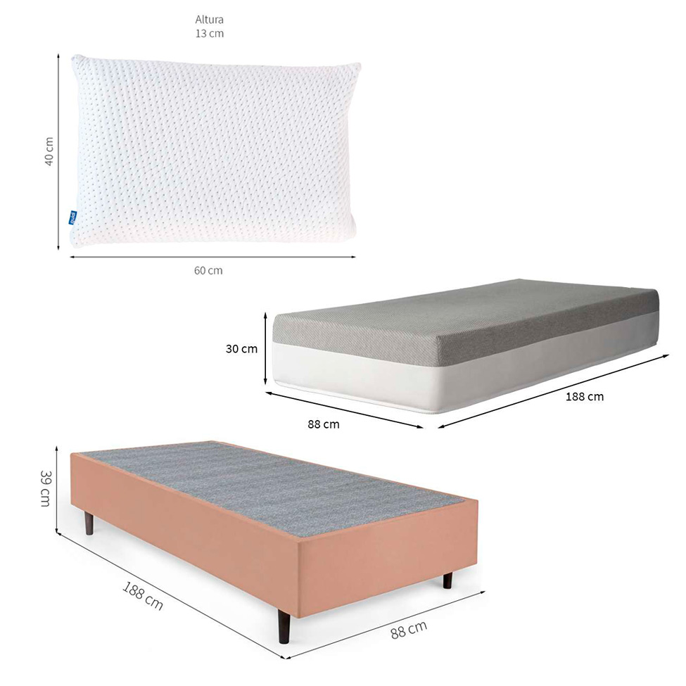 Cama Box Solteiro Bege com Colchão Guldi Dream Mola Ensacada (30x88x188) e 1 Travesseiro Guldi Soft Nasa Cinza e Branco