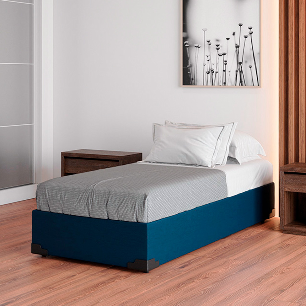 Cama Box Solteiro Joe Linho Azul Marinho com Colchão Guldi Duplo Plus D28 (16x88x188) Branco e Azul
