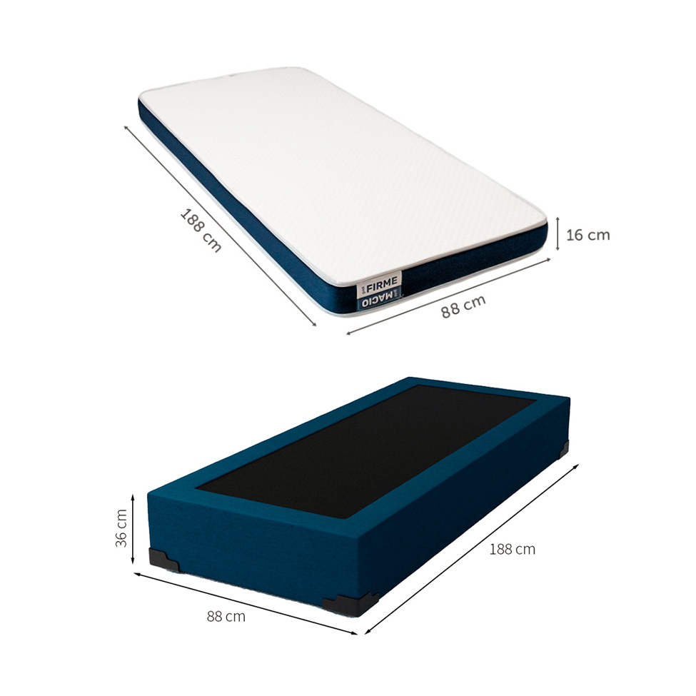 Cama Box Solteiro Joe Linho Azul Marinho com Colchão Guldi Duplo Plus D28 (16x88x188) Branco e Azul