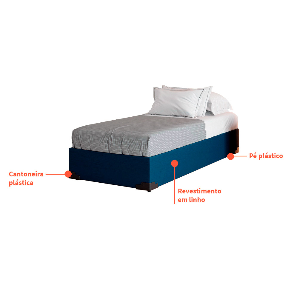 Cama Box Solteiro Joe Linho Azul Marinho com Colchão Guldi Massageador Quântico Molas Ensacadas (30x88x188) Branco e Bege