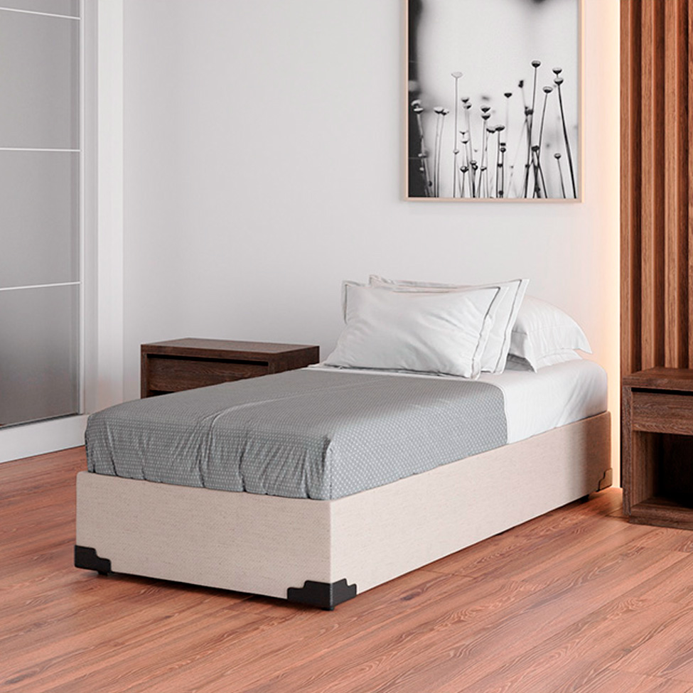 Cama Box Solteiro Joe Linho Cru com Colchão Guldi Mola Ensacada Original Macio (25x88x188) Azul e Branco