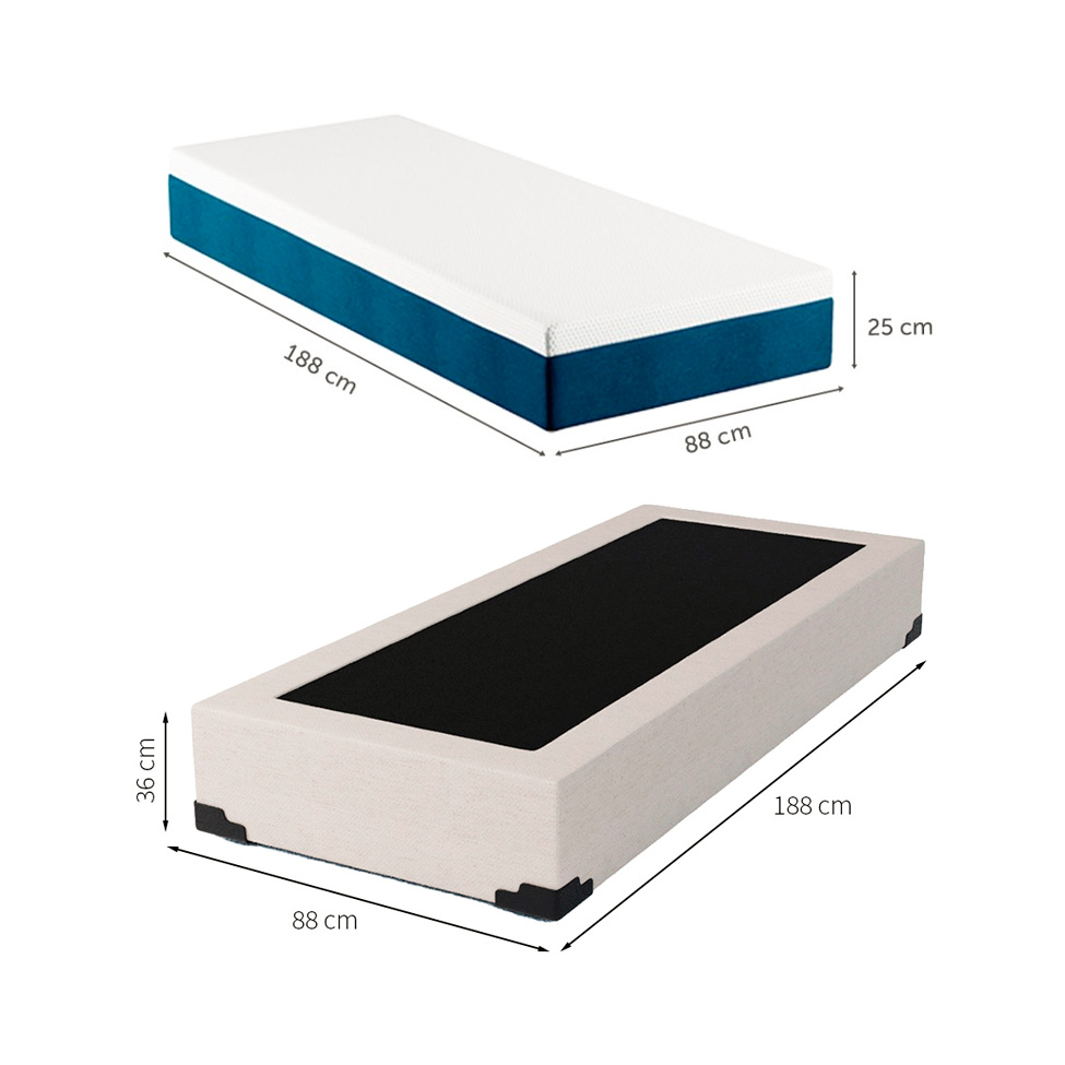 Cama Box Solteiro Joe Linho Cru com Colchão Guldi Mola Ensacada Original Macio (25x88x188) Azul e Branco