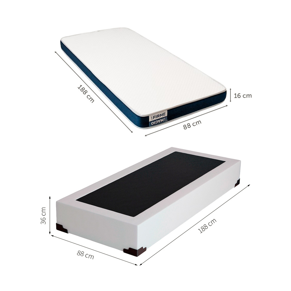 Cama Box Solteiro Joe Revestimento Sintético Branco com Colchão Guldi Duplo Plus D28 (16x88x188) Branco e Azul