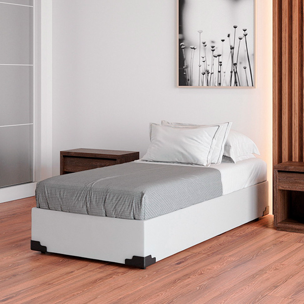 Cama Box Solteiro Joe Revestimento Sintético Branco com Colchão Guldi Massageador Quântico Molas Ensacadas (30x88x188) Branco e Bege