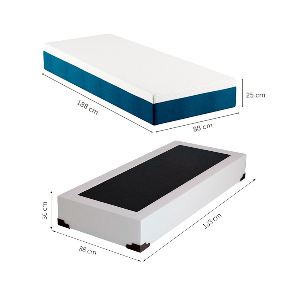 Cama Box Solteiro Joe Revestimento Sintético Branco com Colchão Guldi Mola Ensacada Original Firme (25x88x188) Azul e Branco