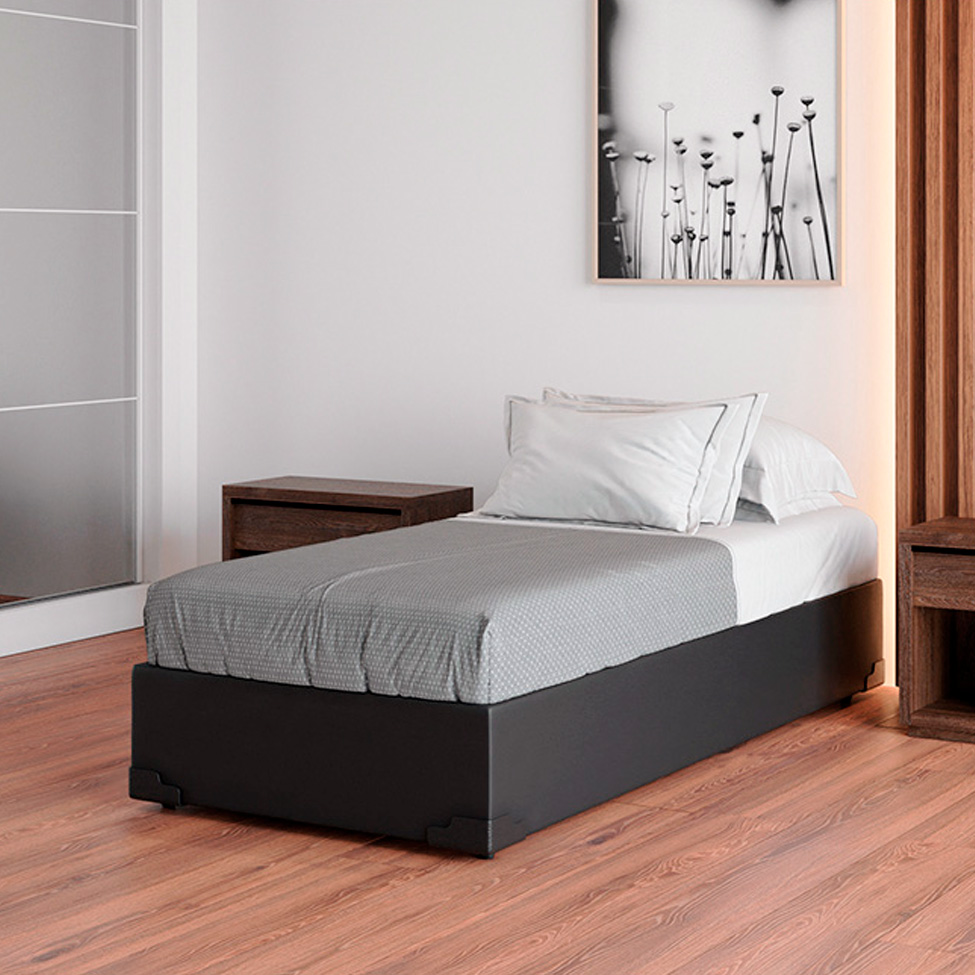 Cama Box Solteiro Joe Revestimento Sintético Preto com Colchão Guldi Massageador Quântico Molas Ensacadas (30x88x188) Branco e Bege