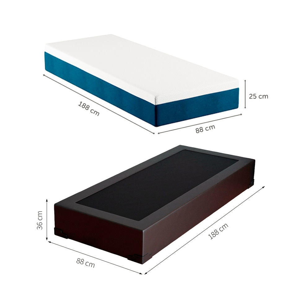 Cama Box Solteiro Joe Revestimento Sintético Preto com Colchão Guldi Mola Ensacada Original Firme (25x88x188) Azul e Branco