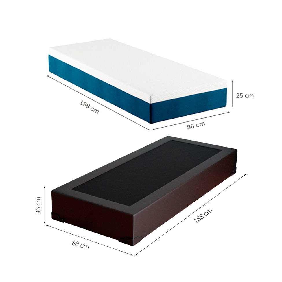 Cama Box Solteiro Joe Revestimento Sintético Preto com Colchão Guldi Mola Ensacada Original Macio (25x88x188) Azul e Branco