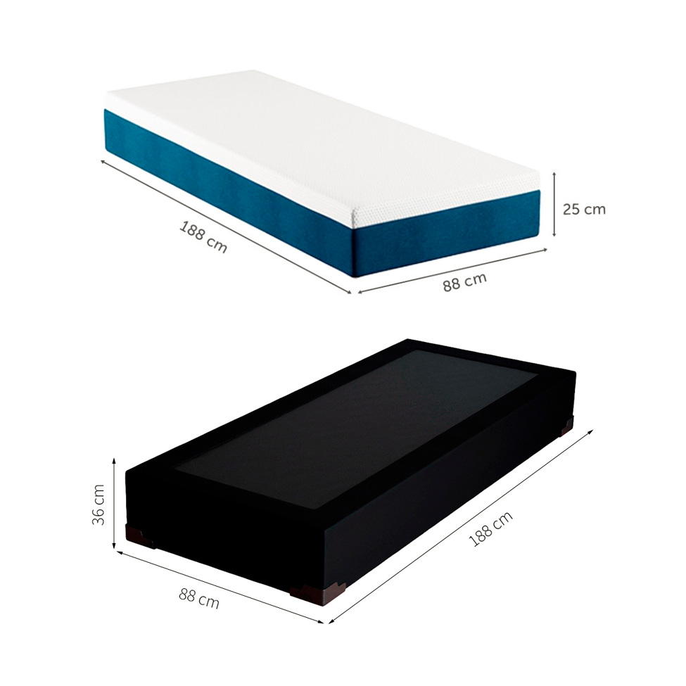Cama Box Solteiro Joe Suede Preto com Colchão Guldi Mola Ensacada Original Macio (25x88x188) Azul e Branco