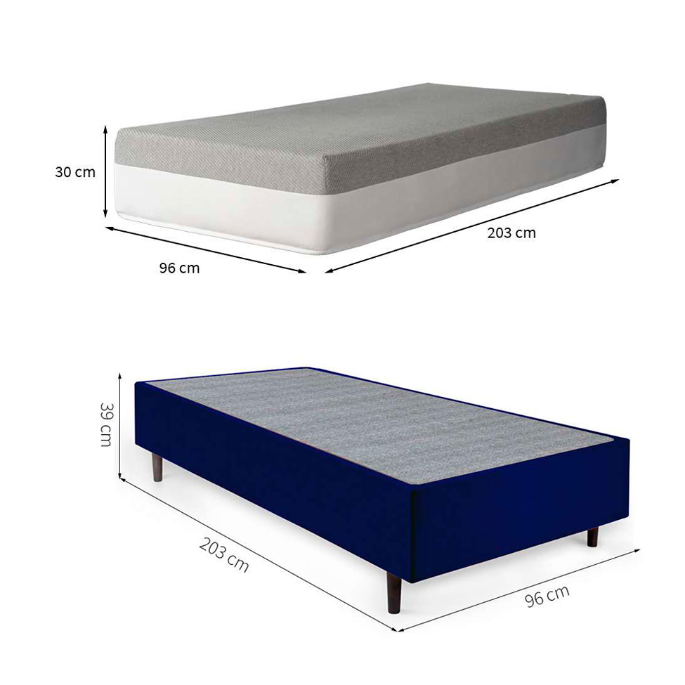 Cama Box Solteiro King Azul com Colchão Guldi Dream Mola Ensacada (30x96x203) Cinza e Branco