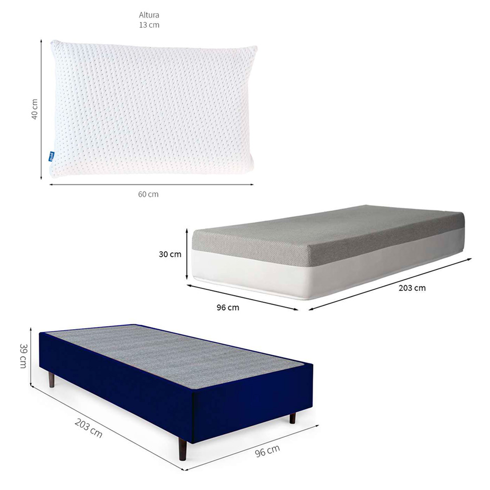 Cama Box Solteiro King Azul com Colchão Guldi Dream Mola Ensacada (30x96x203) e 1 Travesseiro Guldi Soft Nasa Cinza e Branco