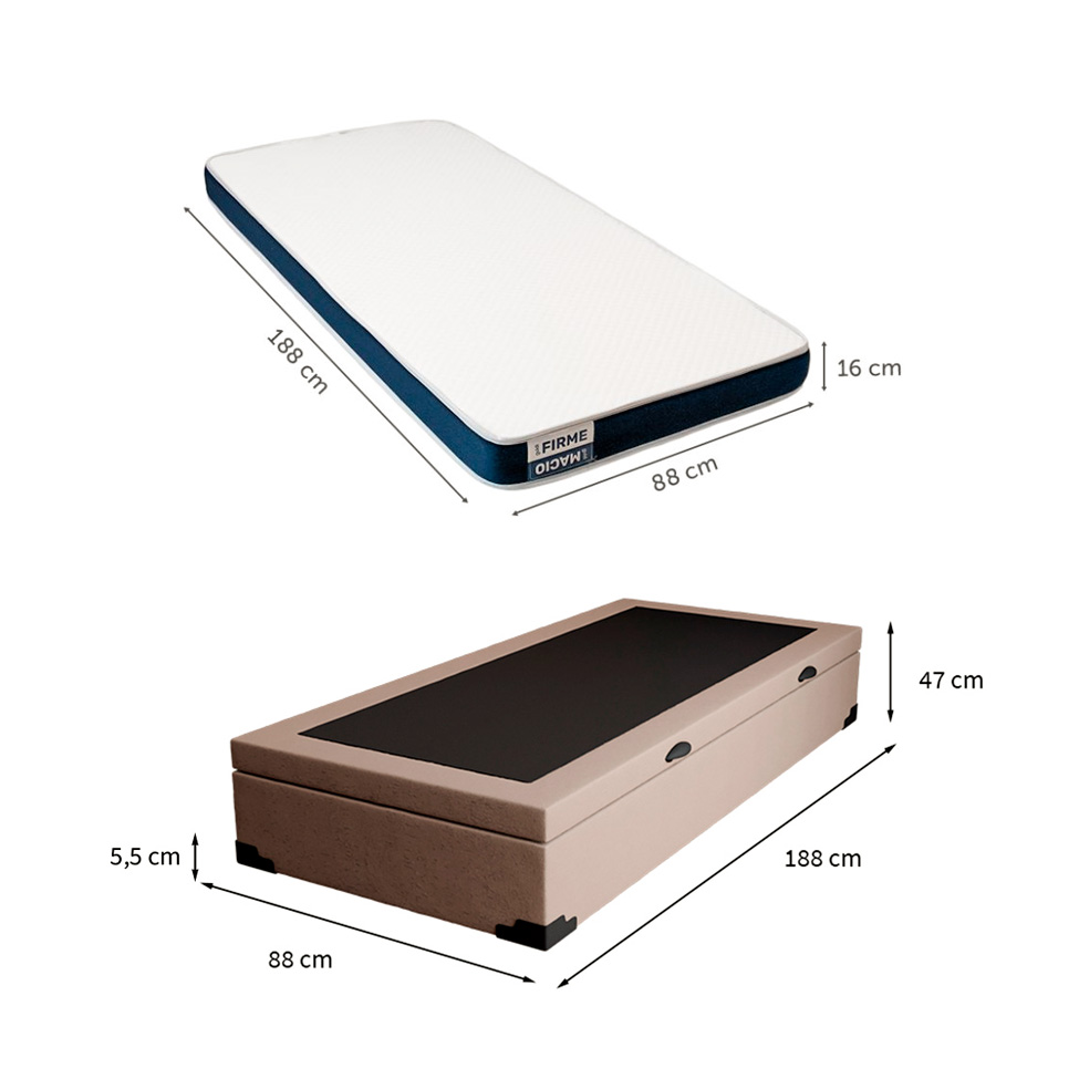 Cama Box Solteiro Martin Premium Linho Cru com Colchão Guldi Duplo Plus D28 (16x88x188) Branco e Azul