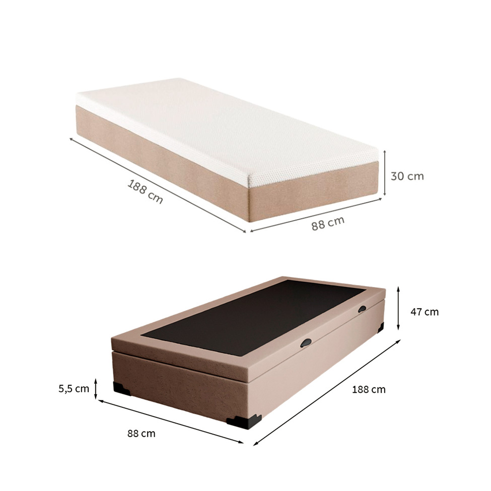Cama Box Solteiro Martin Premium Linho Cru com Colchão Guldi Massageador Quântico Molas Ensacadas (30x88x188) Branco e Bege