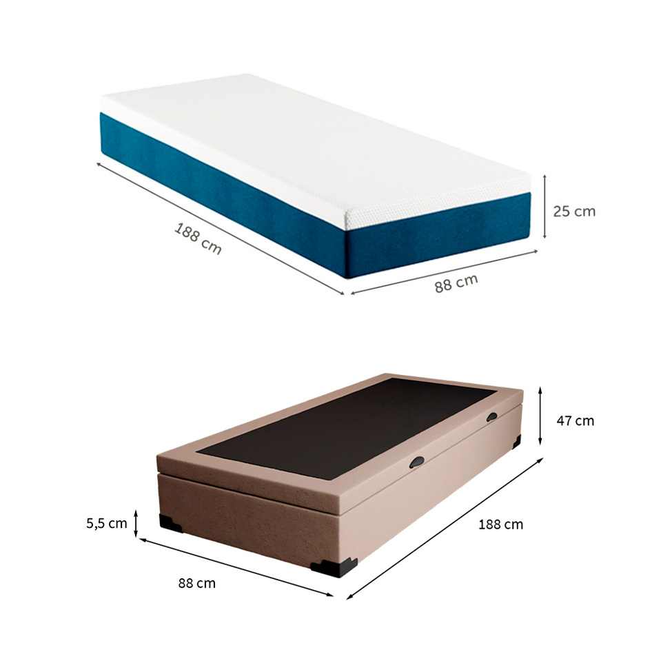 Cama Box Solteiro Martin Premium Linho Cru com Colchão Guldi Mola Ensacada Original Firme (25x88x188) Azul e Branco