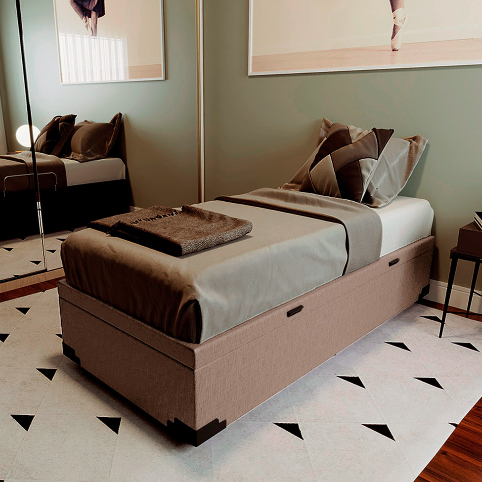 Cama Box Solteiro Martin Premium Linho Cru com Colchão Guldi Mola Ensacada Original Macio (25x88x188) Azul e Branco