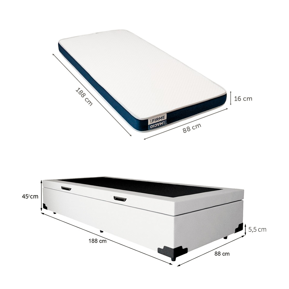 Cama Box Solteiro Martin Premium Revestimento Sintético Branco com Colchão Guldi Duplo Plus D28 (16x88x188) Branco e Azul