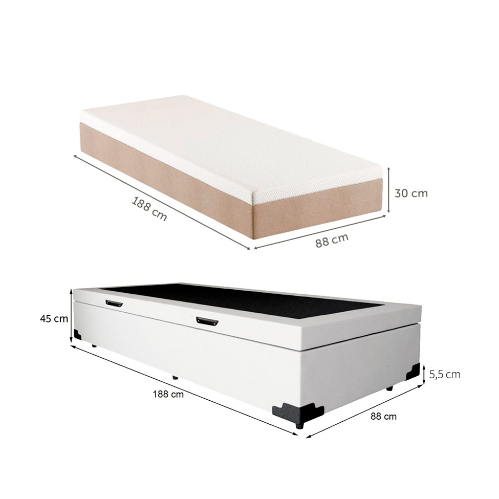 Cama Box Solteiro Martin Premium Revestimento Sintético Branco com Colchão Guldi Massageador Quântico Molas Ensacadas (30x88x188) Branco e Bege