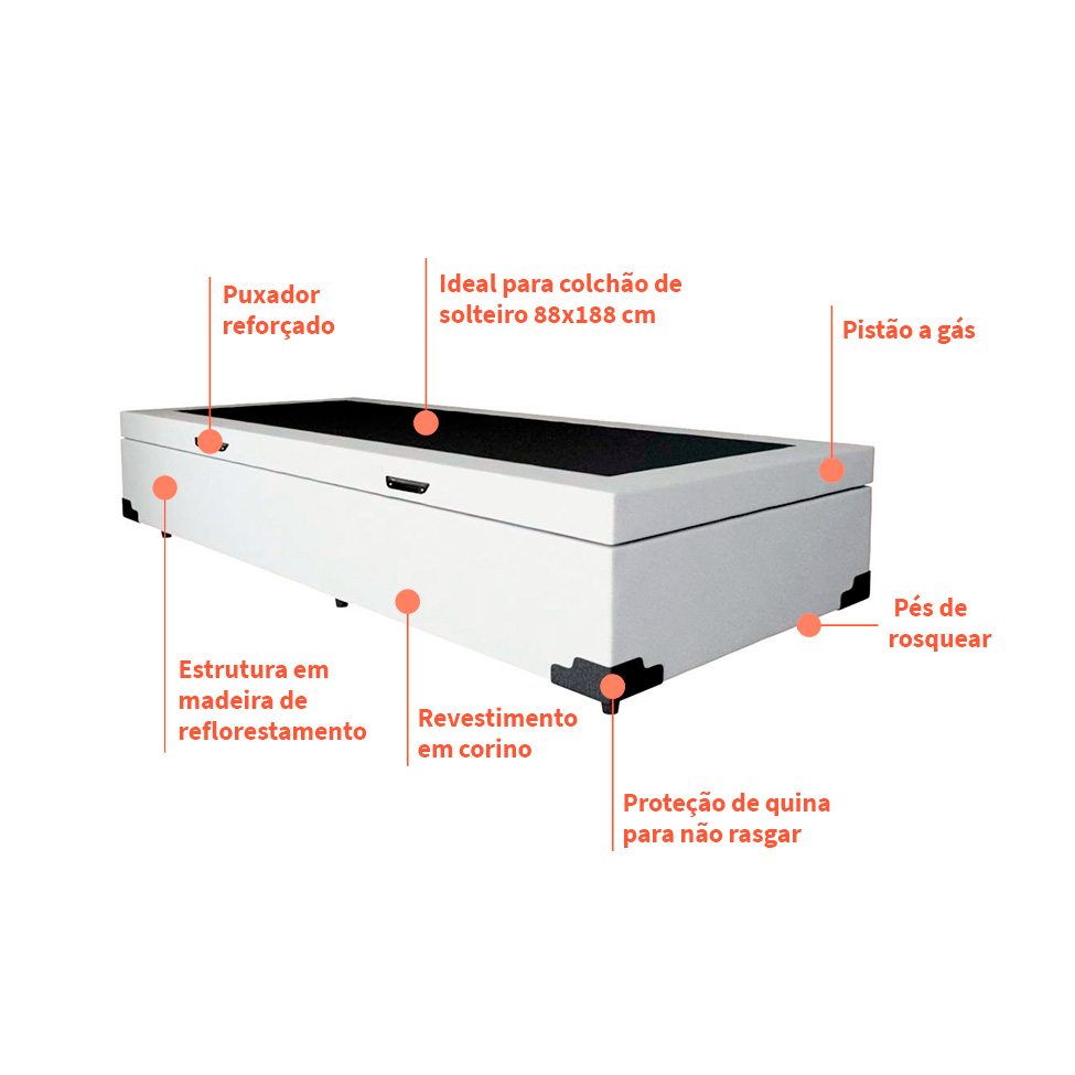 Cama Box Solteiro Martin Premium Revestimento Sintético Branco com Colchão Guldi Mola Ensacada Original Firme (25x88x188) Azul e Branco