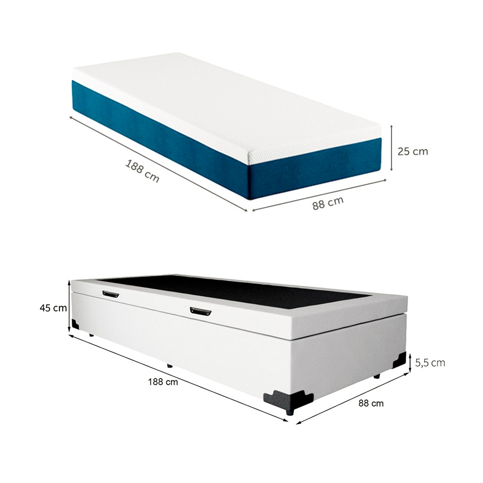 Cama Box Solteiro Martin Premium Revestimento Sintético Branco com Colchão Guldi Mola Ensacada Original Firme (25x88x188) Azul e Branco