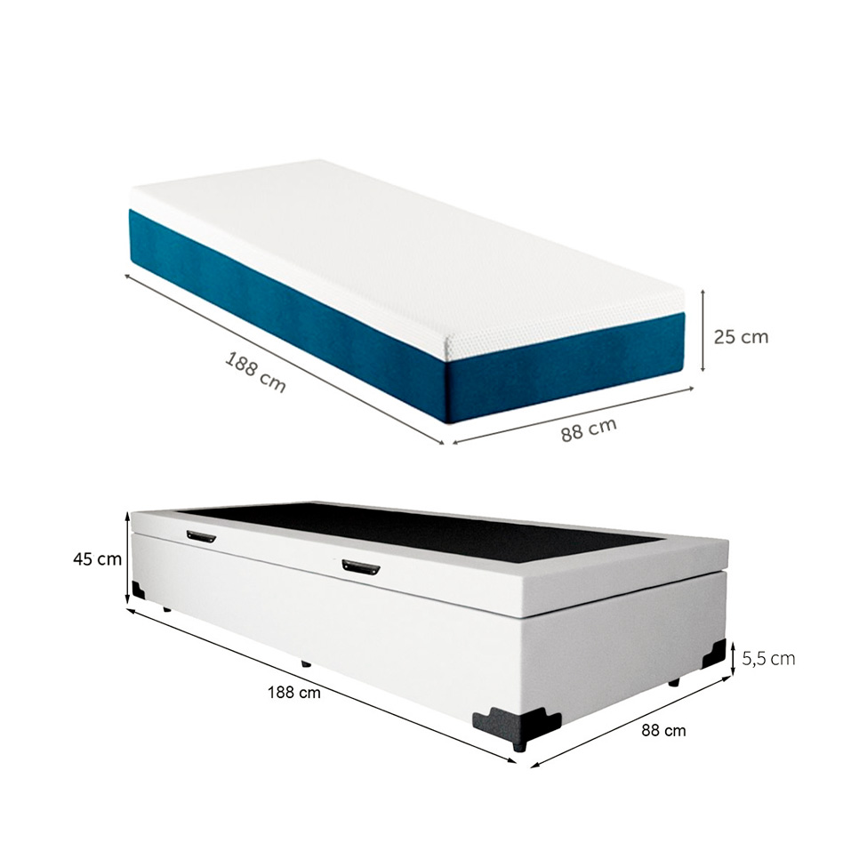 Cama Box Solteiro Martin Premium Revestimento Sintético Branco com Colchão Guldi Mola Ensacada Original Macio (25x88x188) Azul e Branco