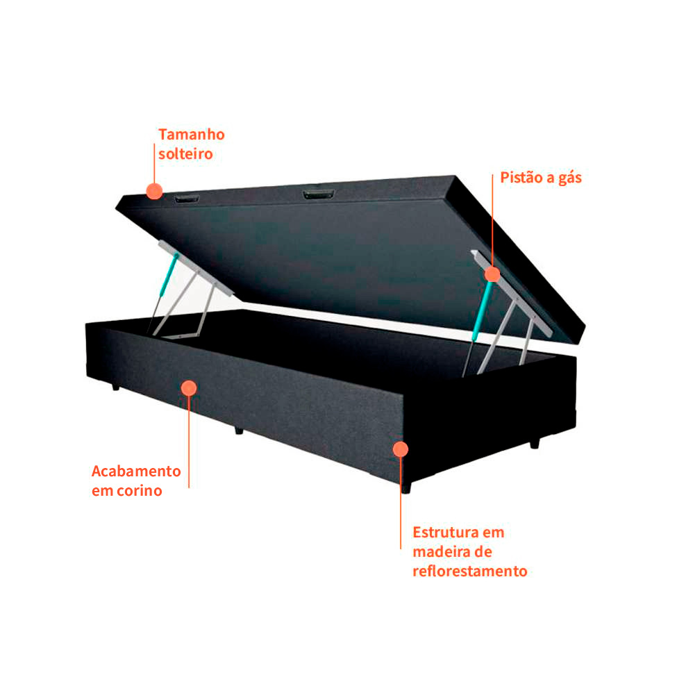 Cama Box Solteiro Martin Premium Revestimento Sintético Preto com Colchão Guldi Duplo Plus D28 (16x88x188) Branco e Azul