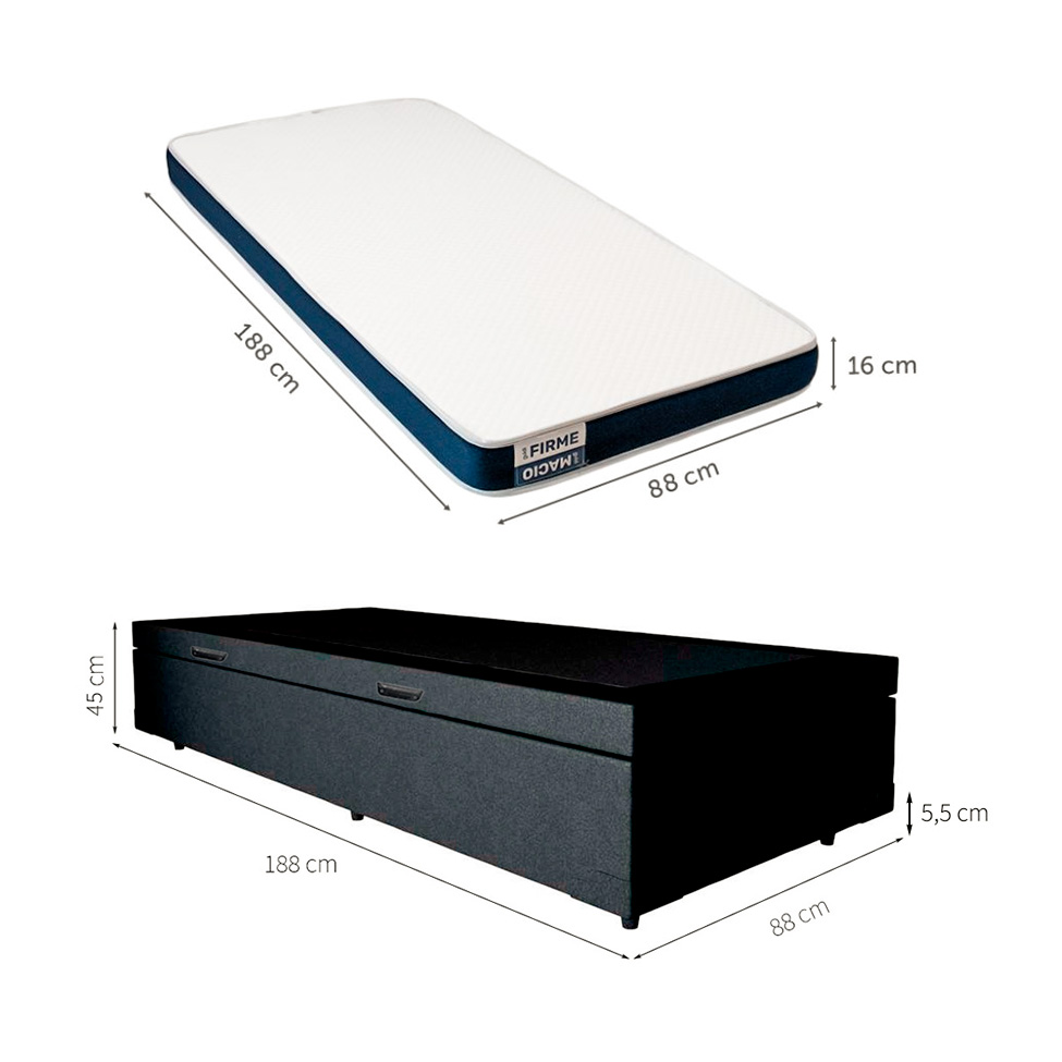 Cama Box Solteiro Martin Premium Revestimento Sintético Preto com Colchão Guldi Duplo Plus D28 (16x88x188) Branco e Azul