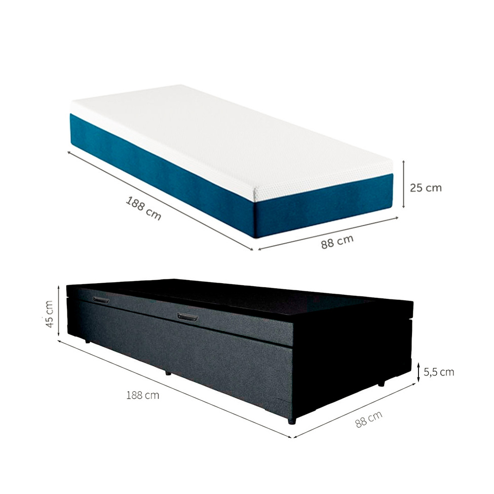 Cama Box Solteiro Martin Premium Revestimento Sintético Preto com Colchão Guldi Mola Ensacada Original Firme (25x88x188) Azul e Branco