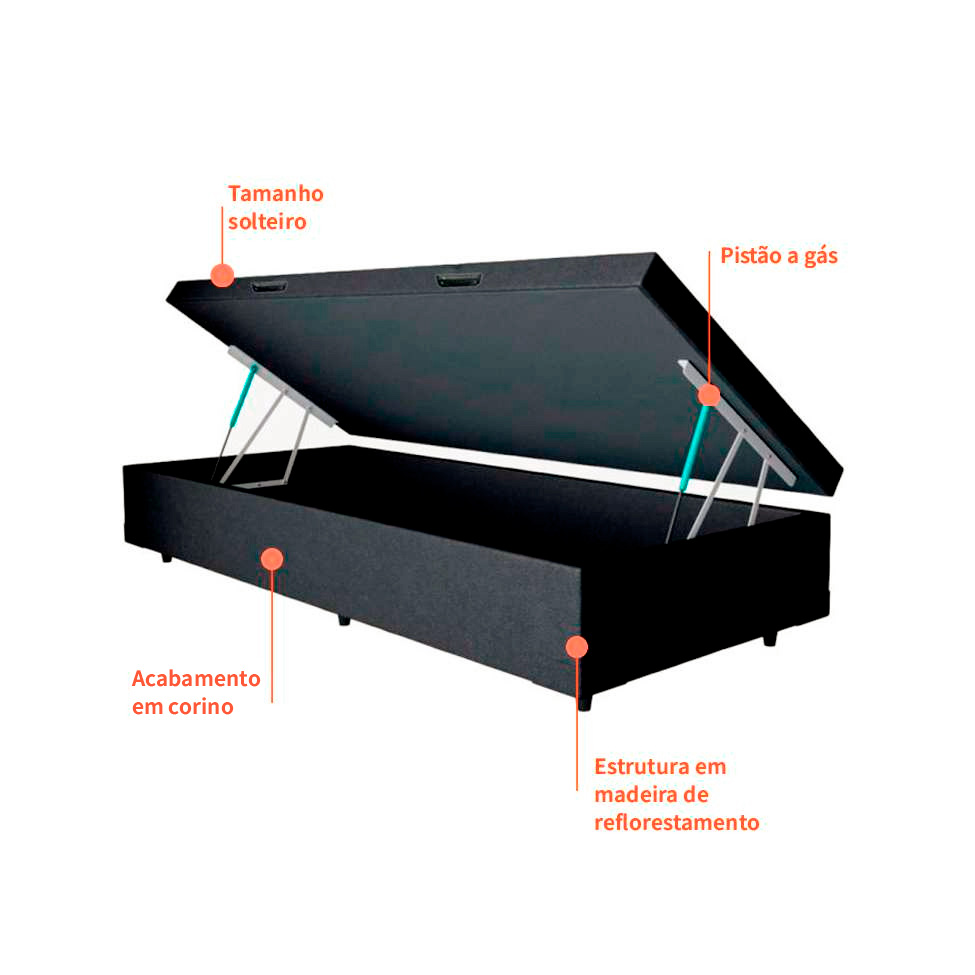 Cama Box Solteiro Martin Premium Revestimento Sintético Preto com Colchão Guldi Mola Ensacada Original Macio (25x88x188) Azul e Branco