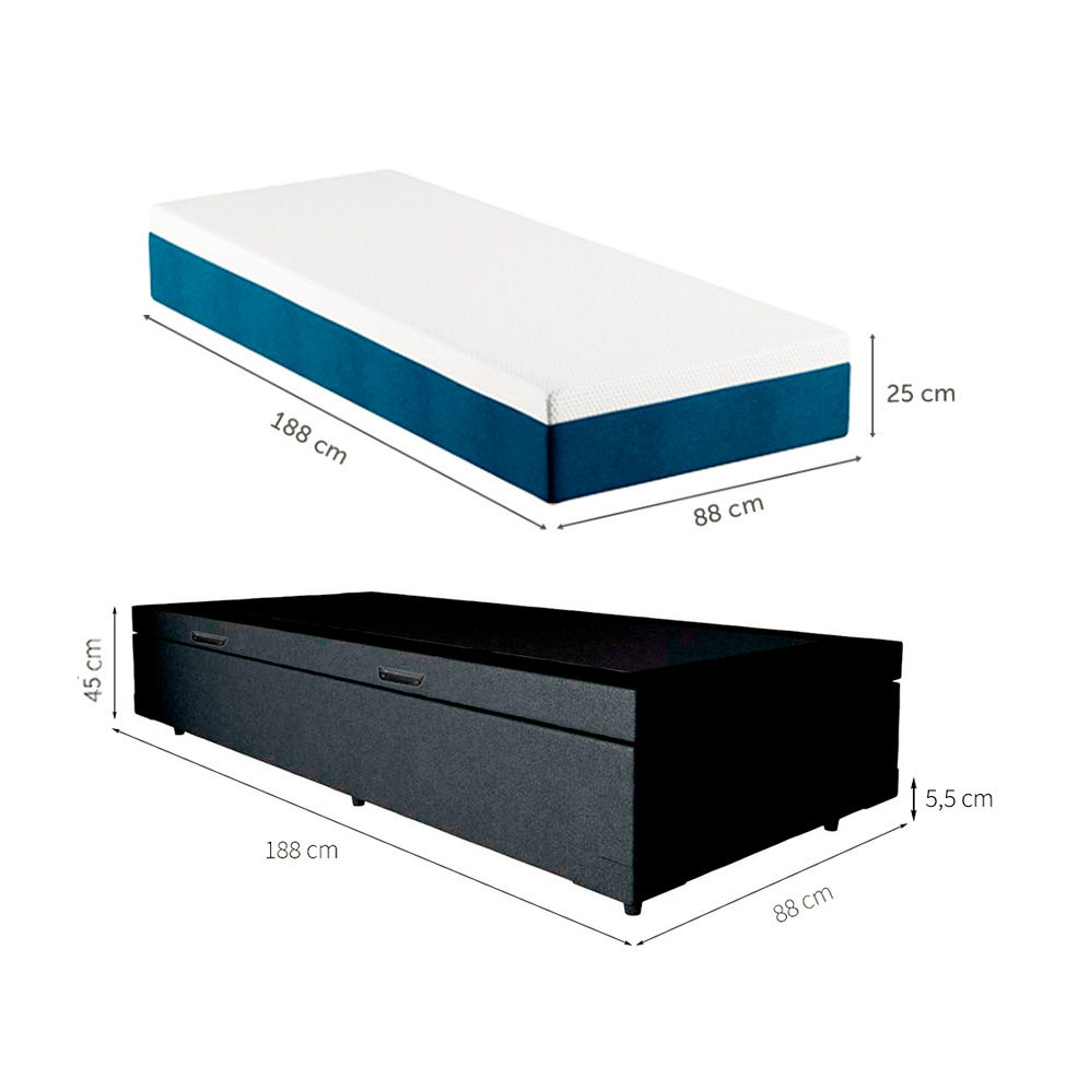 Cama Box Solteiro Martin Premium Revestimento Sintético Preto com Colchão Guldi Mola Ensacada Original Macio (25x88x188) Azul e Branco