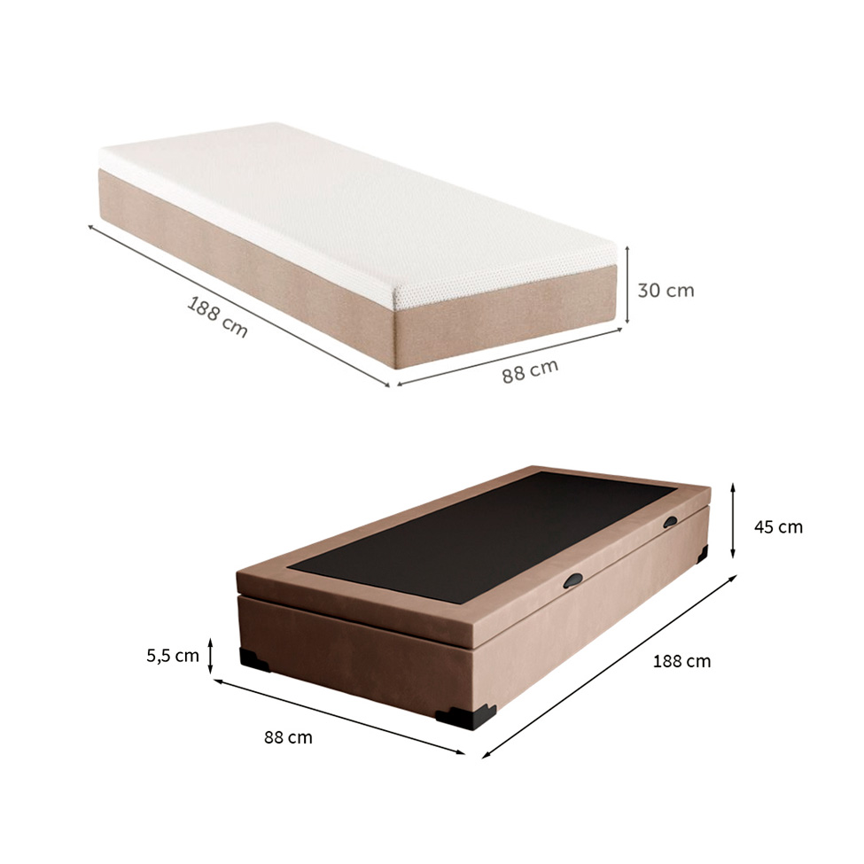 Cama Box Solteiro Martin Premium Suede Bege com Colchão Guldi Massageador Quântico Molas Ensacadas (30x88x188) Branco e Bege