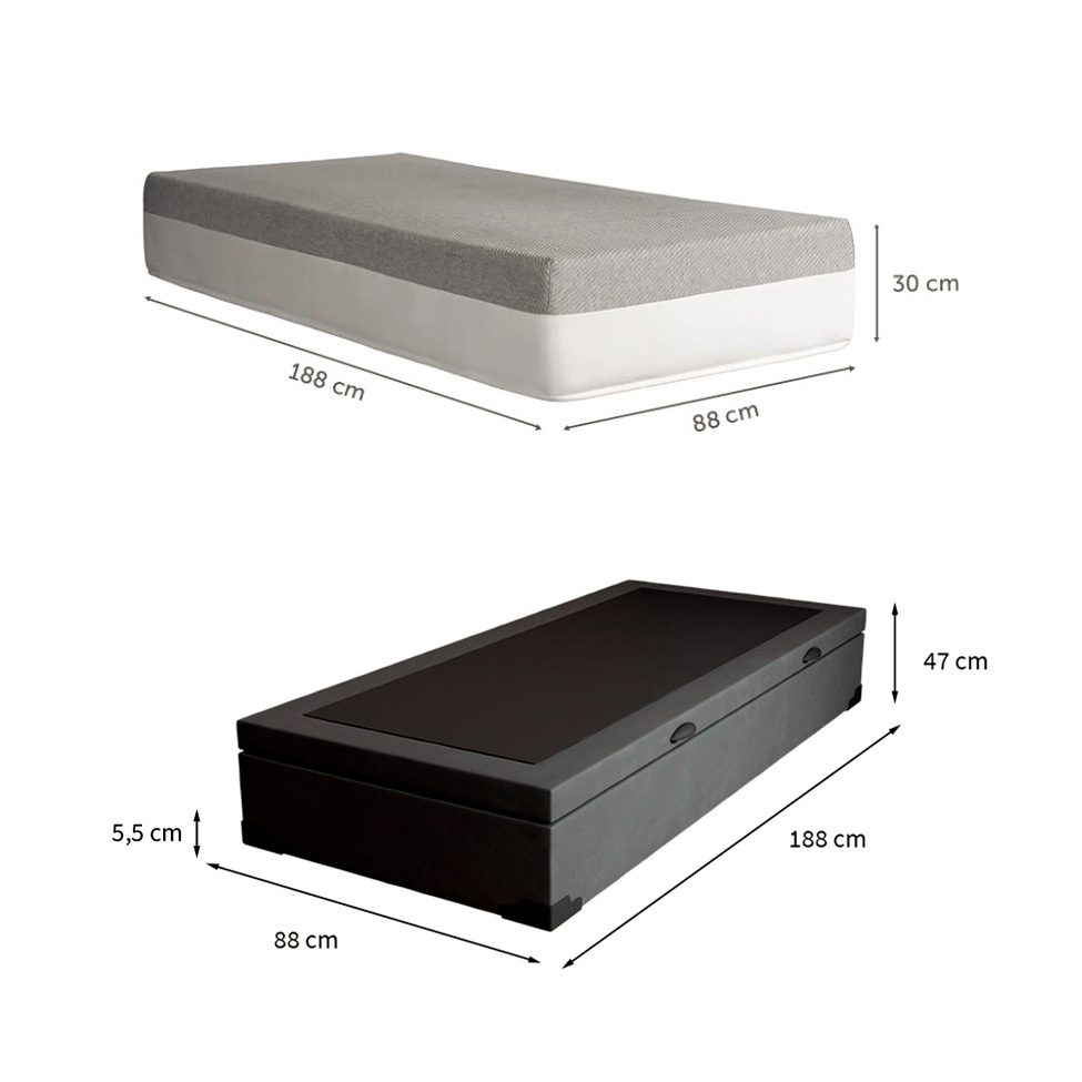 Cama Box Solteiro Martin Premium Suede Grafite com Colchão Guldi Dream Mola Ensacada (30x88x188) Cinza e Branco