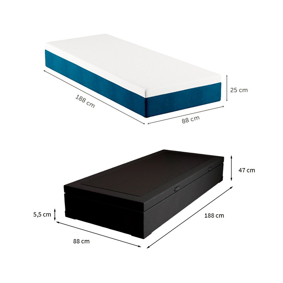 Cama Box Solteiro Martin Premium Suede Preto com Colchão Guldi Mola Ensacada Original Firme (25x88x188) Azul e Branco