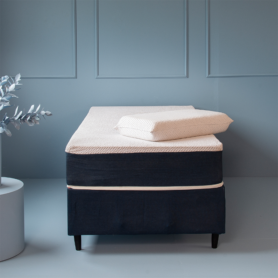 Cama Box Solteiro com Colchão Mola Ensacada Guldi Firme e 1 Travesseiro Guldi Nasa Viscoelástico Azul e Branco