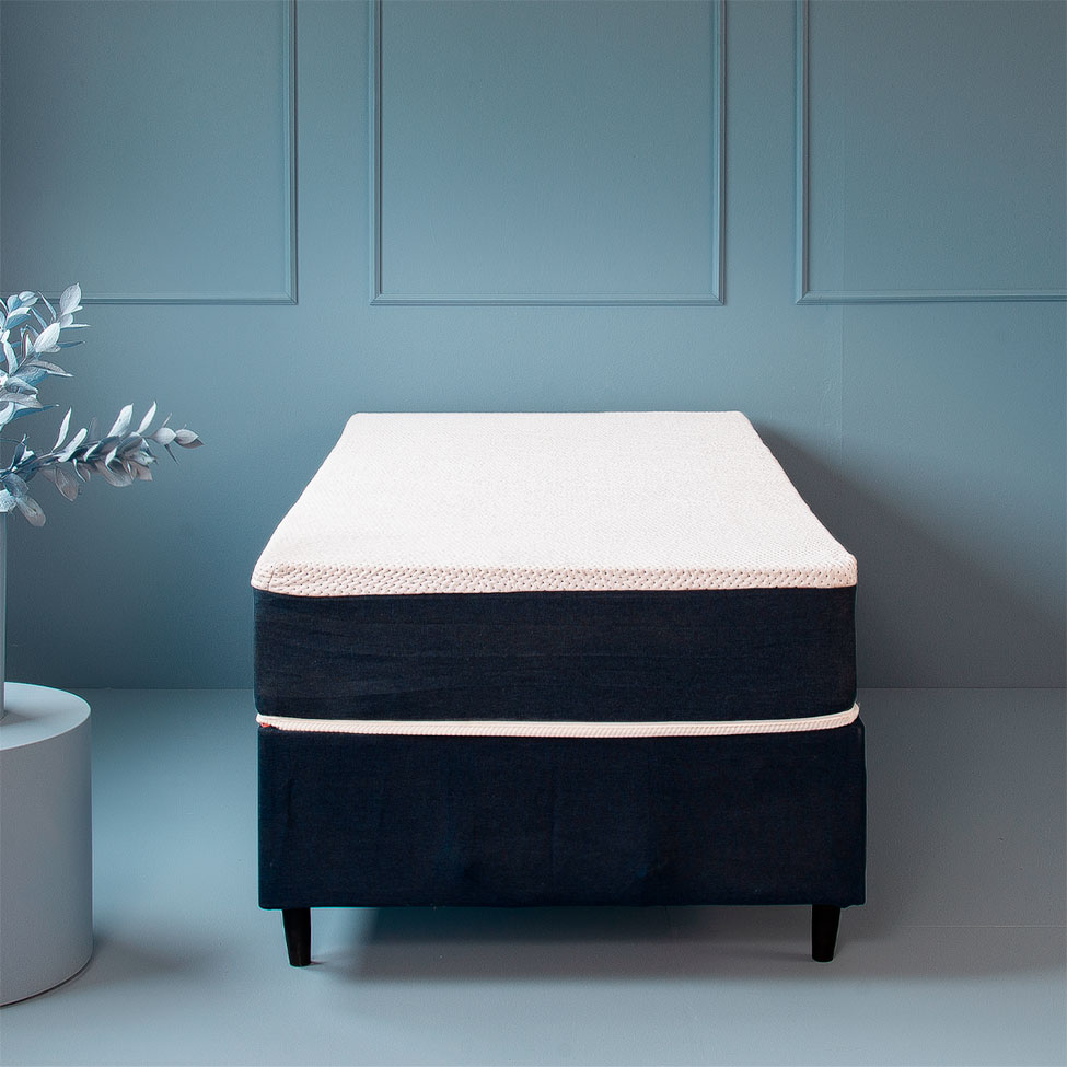 Cama Box Solteiro com Colchão Mola Ensacada Guldi Macio Branco e Azul