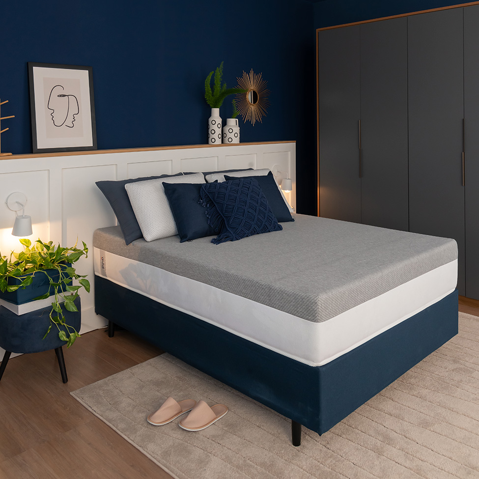 Cama Box Viúva Azul com Colchão Guldi Dream Mola Ensacada (30x128x188) Cinza e Branco