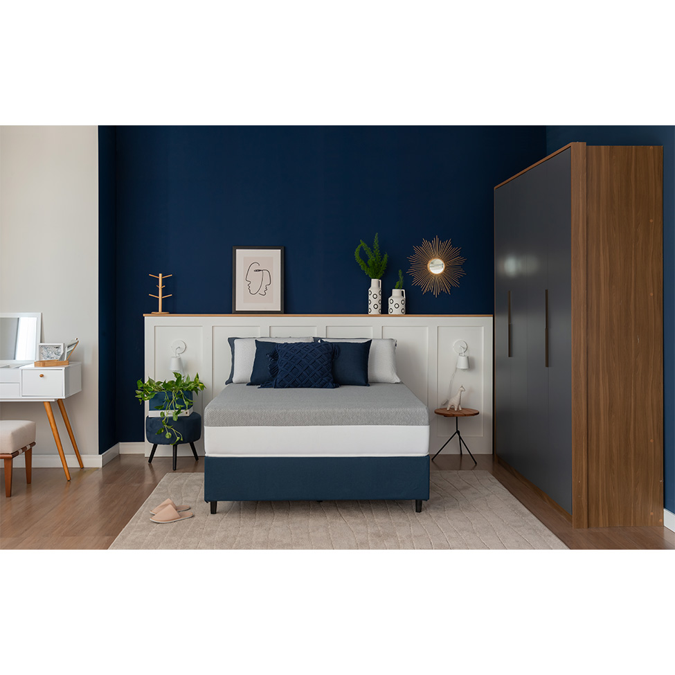Cama Box Viúva Azul com Colchão Guldi Dream Mola Ensacada (30x128x188) Cinza e Branco