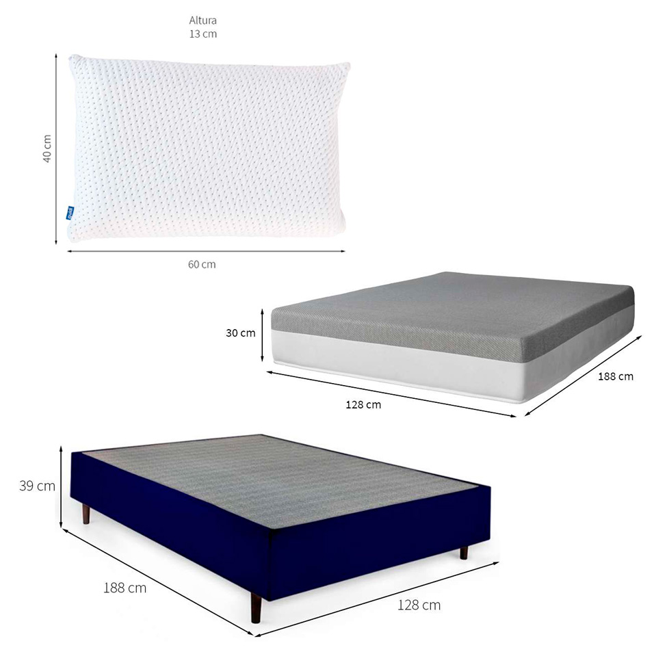 Cama Box Viúva Azul com Colchão Guldi Dream Mola Ensacada (30x128x188) e 2 Travesseiros Guldi Soft Nasa Cinza e Branco